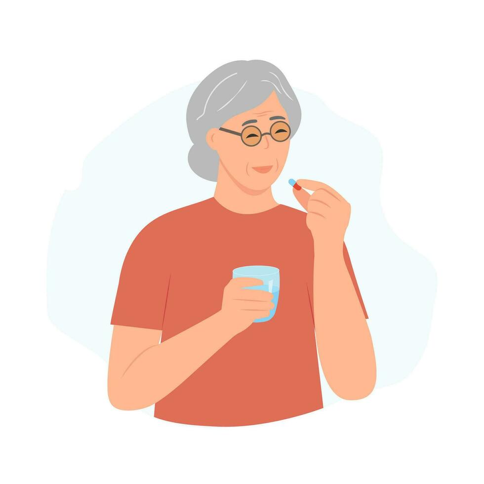 Senior mulher leva Vitamina ou suplemento cápsula comprimido com água. idosos homem segurando vidro do água dentro mãos. medicação tratamento, farmacia e medicamento, conceito. vetor ilustração