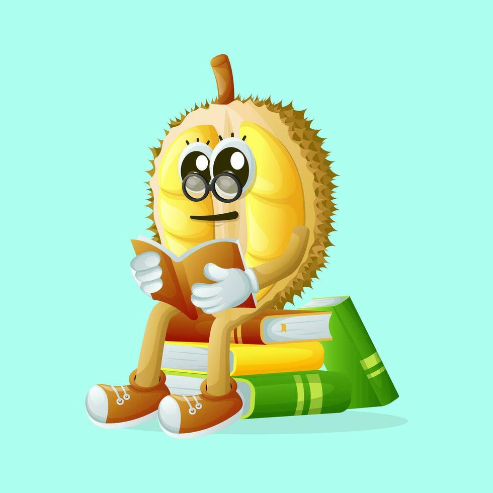 fofa durian personagem vestindo óculos e lendo uma livro vetor