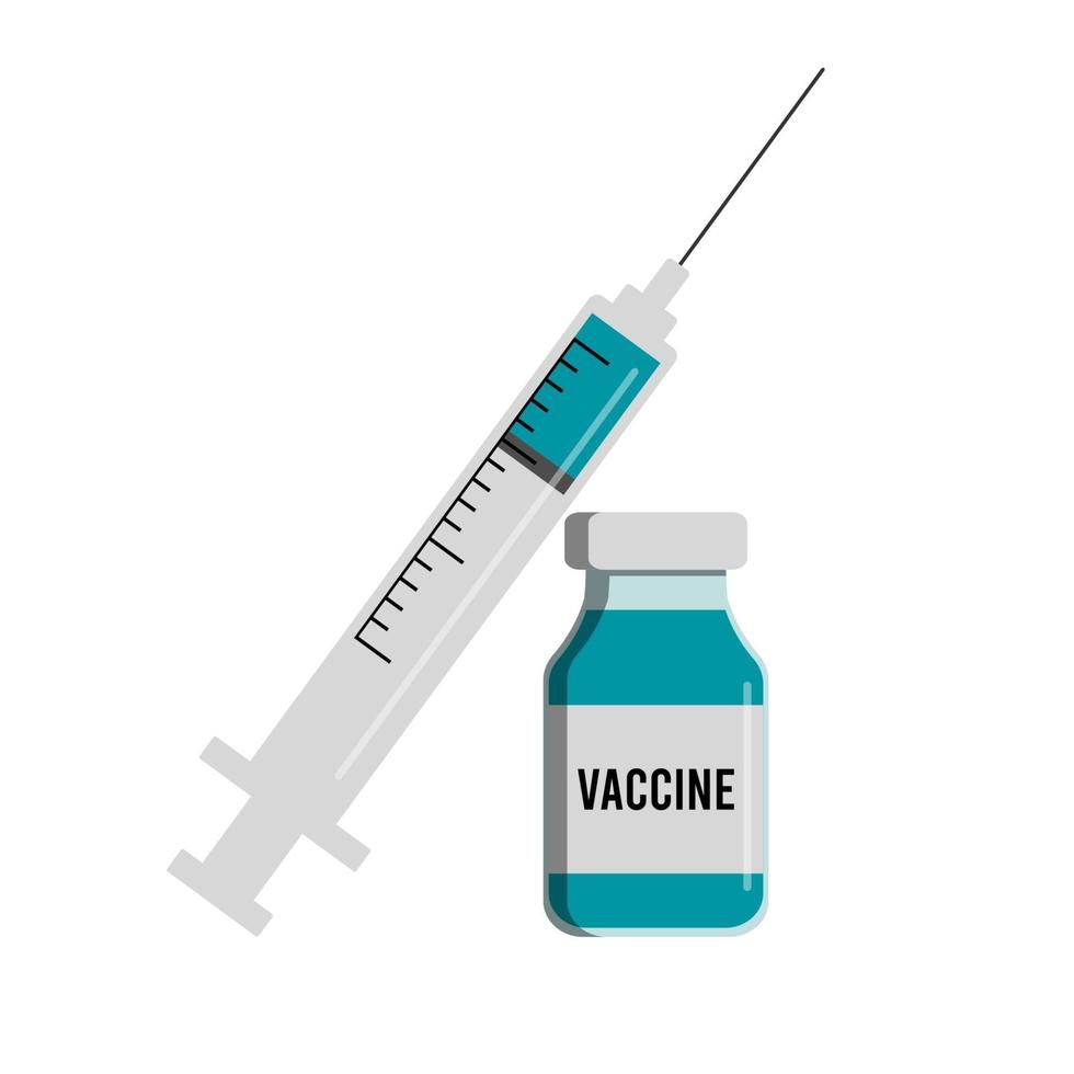 seringa descartável com agulha. injeção de vacina de coronavírus, ilustração de vacinação. seringa de plástico com agulha. frasco de vacina. ilustração isolada do vetor. vetor