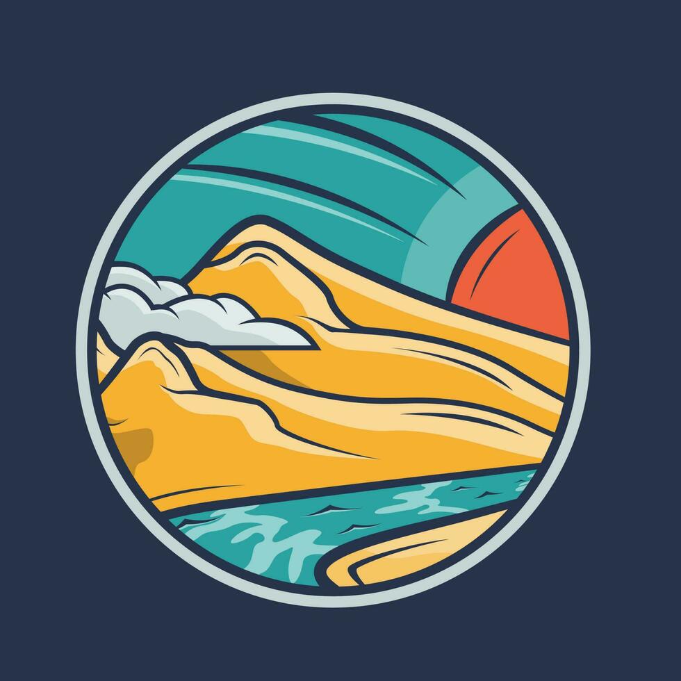 montanha rio e Sol com azul céu dentro círculo emblema logotipo retro ilustração vetor