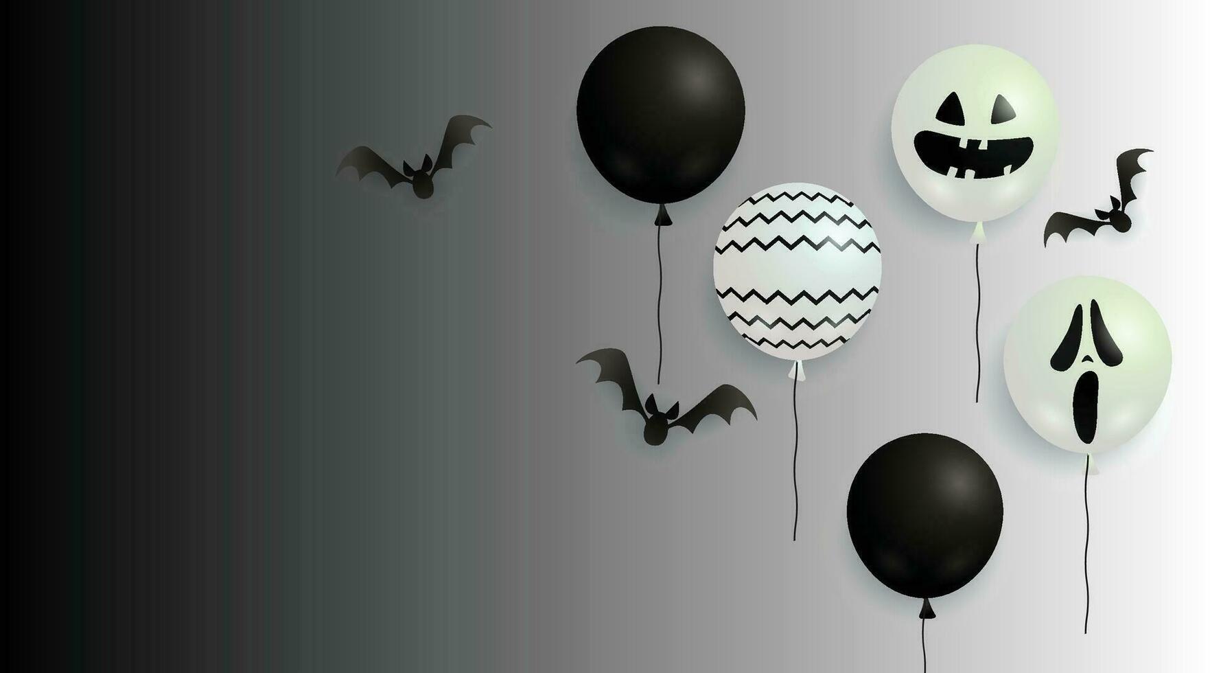 plano de fundo para o dia das bruxas com balões fantasma de halloween e abóbora. balões de ar assustador, morcego, doces e elementos de halloween em fundo amarelo. site assustador, plano de fundo ou banner modelo de halloween vetor