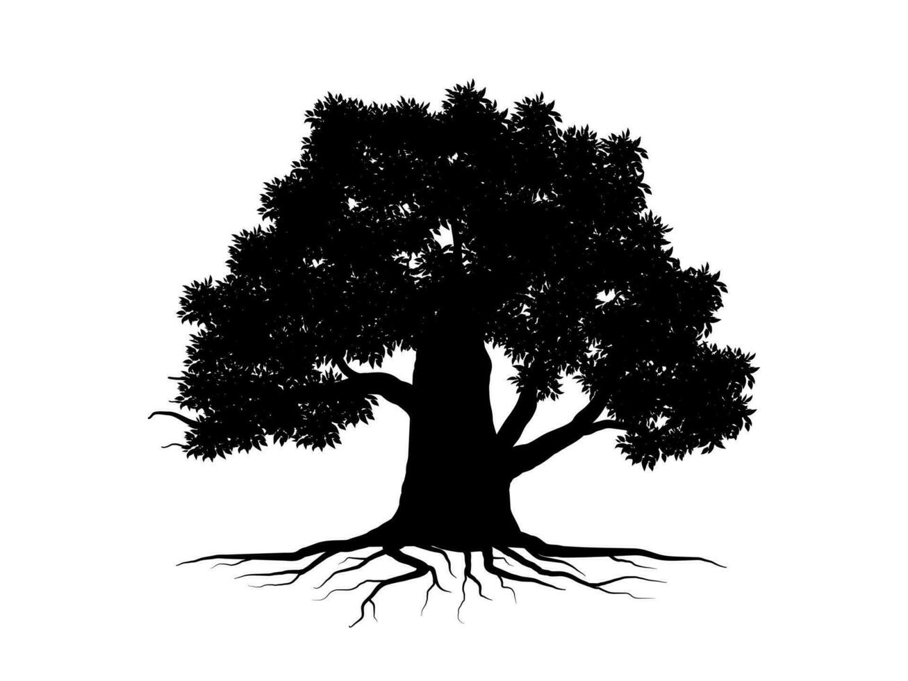árvores negras e raízes com folhas parecem lindas e refrescantes. estilo de logotipo de árvore e raízes. vetor