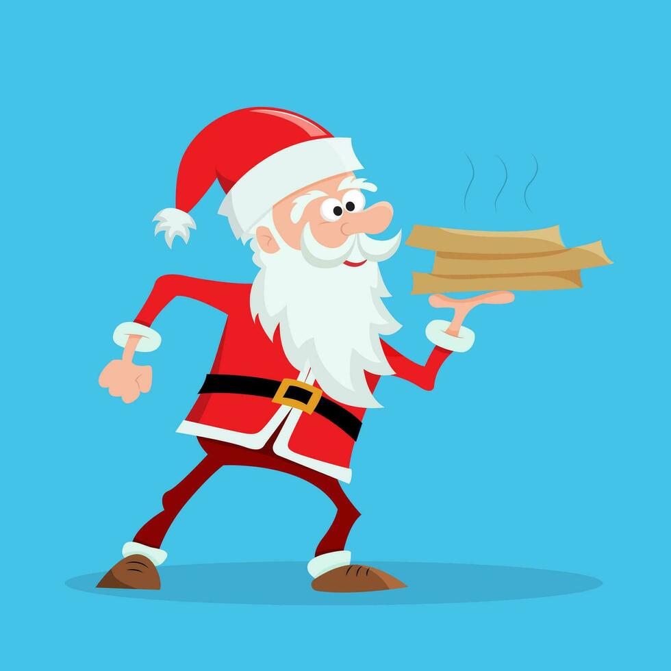 papai noel pizza Entrega cara. alegre santa claus carrega caixas do Comida ou presentes. Natal ilustração. plano vetor. vetor