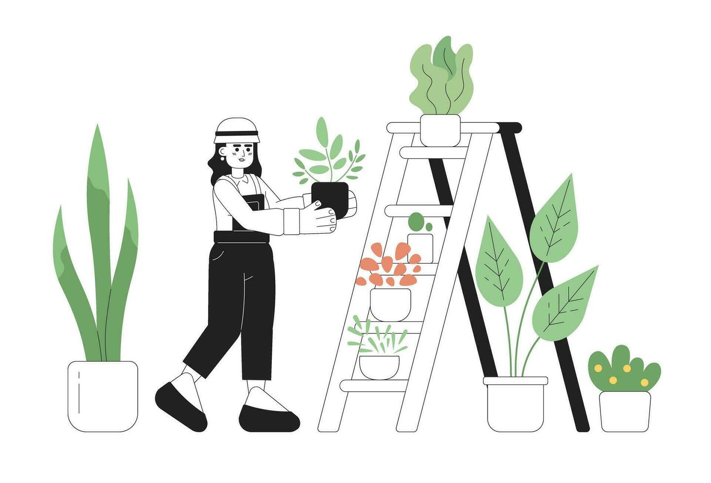 Loiras mulher leva Cuidado do plantas 2d vetor monocromático isolado local ilustração. passatempo plano mão desenhado menina colocar flor Panela em escada em branco fundo. editável esboço desenho animado cena