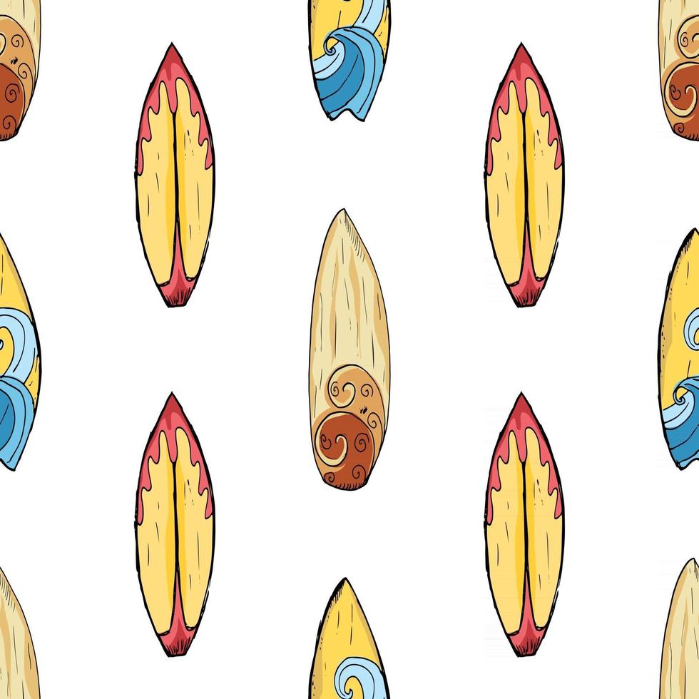 pranchas de surf sem costura padrão esboço desenhado à mão fundo, ilustração em vetor design tipografia