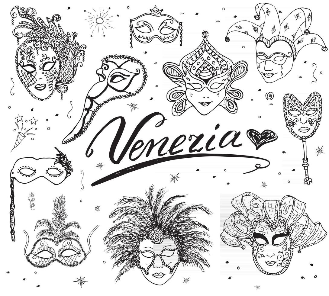 veneza itália esboço carnaval máscaras venezianas conjunto desenhado à mão. desenho de coleção de doodle isolado vetor