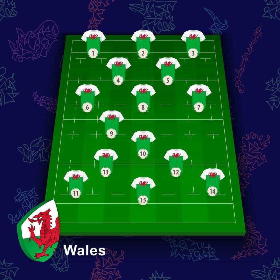 país de gales nacional rúgbi equipe em a rúgbi campo. ilustração do jogadoras posição em campo. vetor