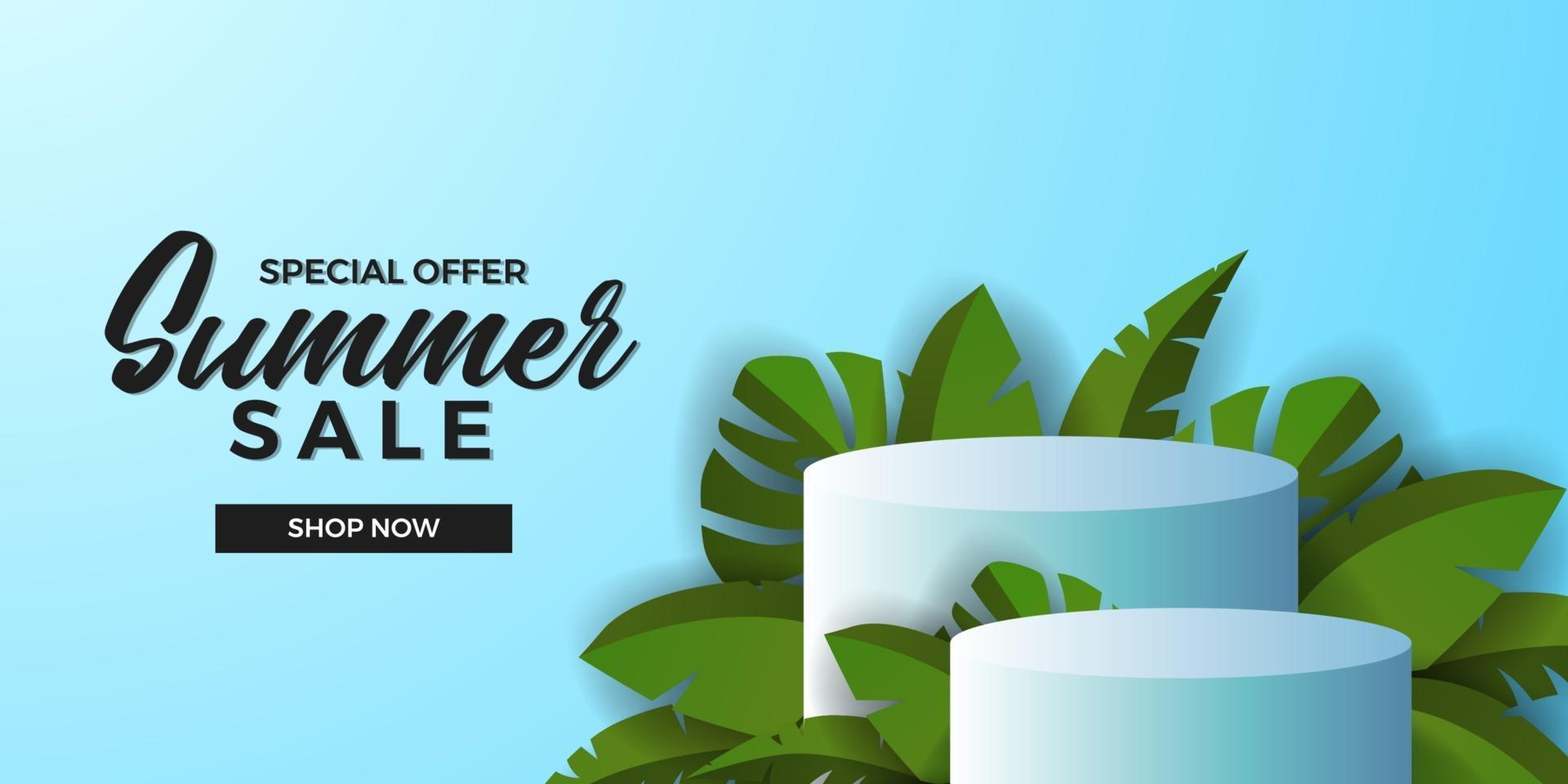 modelo de banner de oferta de venda de verão com display de produto em pódio de cilindro 3D com folhas verdes tropicais e fundo azul vetor