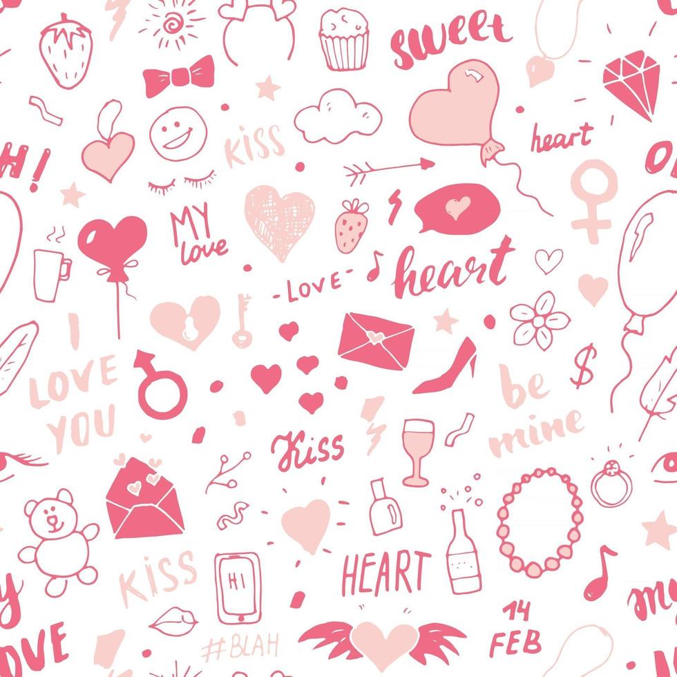 ilustração em vetor padrão sem emenda de amor e dia dos namorados. fundo de símbolos românticos de doodle desenhado à mão