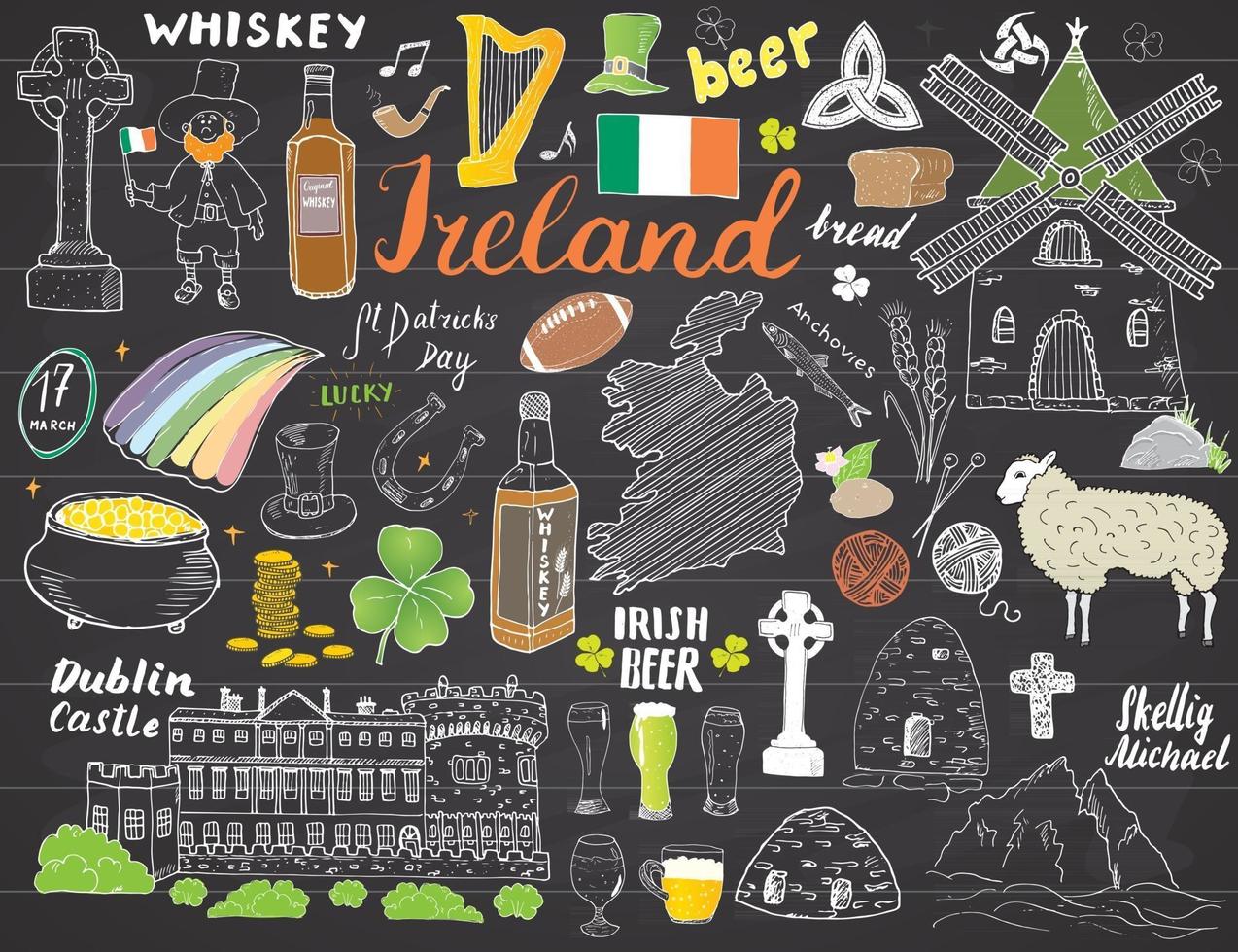 Irlanda esboço doodles. mão desenhada elementos irlandeses definidos com bandeira e mapa da Irlanda, cruz celta, castelo, trevo, harpa celta, moinho e ovelha, garrafas de uísque e cerveja irlandesa, ilustração vetorial vetor