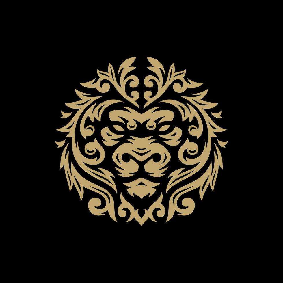 leão cabeça com floral tribal logotipo ilustração em Sombrio fundo vetor