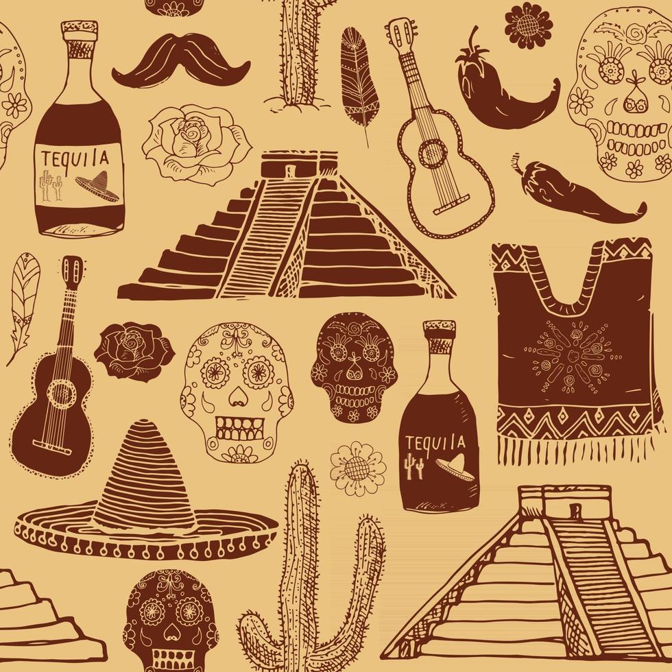 elementos de doodle de padrão sem emenda do México, esboço desenhado de mão chapéu sombrero tradicional mexicano, poncho, cacto e garrafa de tequila, mapa do México, crânio, instrumentos musicais. fundo da ilustração do vetor. vetor