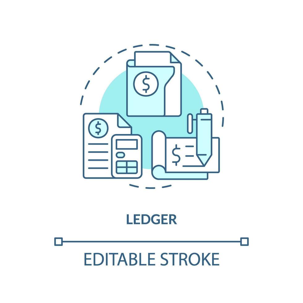 livro-razão turquesa conceito ícone. registro do financeiro transações. escrituração contábil elemento abstrato idéia fino linha ilustração. isolado esboço desenho. editável acidente vascular encefálico vetor