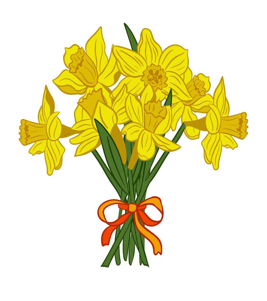 amarelo narcisos ramalhete com laranja fita. isolado plano vetor composição em branco fundo. botânico ilustração. único floral composição. perfeito para cumprimento cartão, convite, bandeira