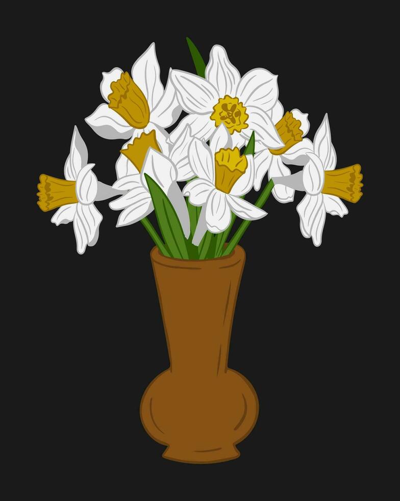 branco narcisos grupo dentro cerâmico vaso. Sombrio tema. isolado plano vetor composição em Preto fundo. floral ilustração. único botânico composição. ideal para cumprimento cartão, convite, bandeira