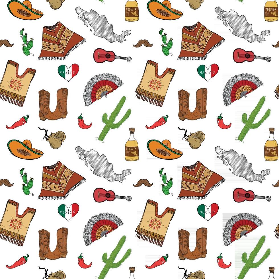 elementos de doodle de padrão sem emenda do México, esboço desenhado de mão chapéu sombrero tradicional mexicano, poncho, cacto e garrafa de tequila, mapa do México, crânio, instrumentos musicais. fundo da ilustração do vetor. vetor