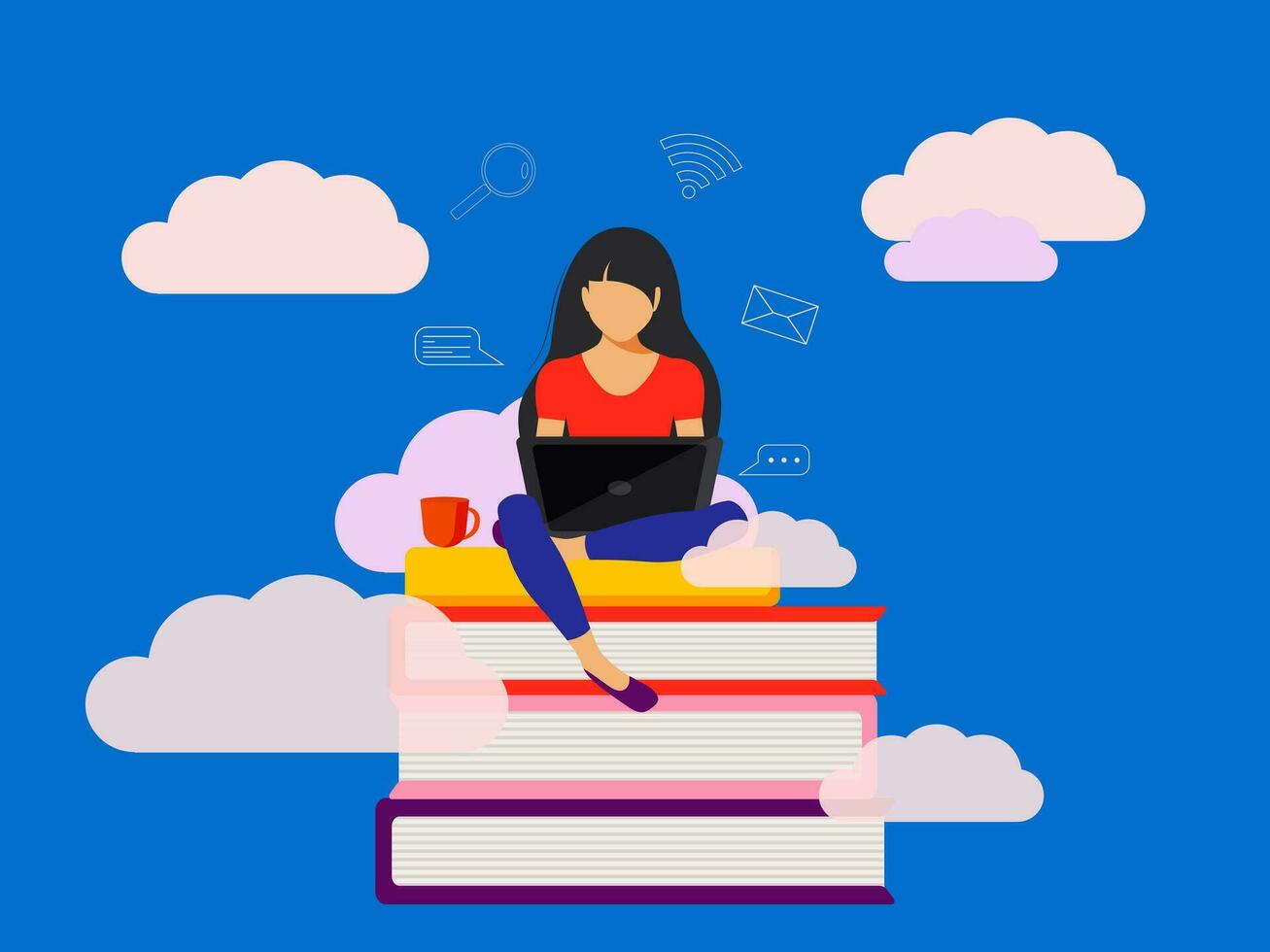 uma jovem fêmea aluna senta em uma pilha do livros e usa a sem fim possibilidades do uma computador portátil. a conceito do conectados Aprendendo e Educação, treinamentos. azul fundo com nuvens. vetor. vetor