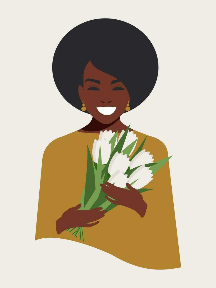 uma à moda afro-americano beleza com Sombrio pele e fofo encaracolado cabelo detém branco tulipas dentro dela mãos. feriado cartão para mãe dia, mulheres dia marcha 8. bronzeada menina sorrisos e é feliz. vetor. vetor