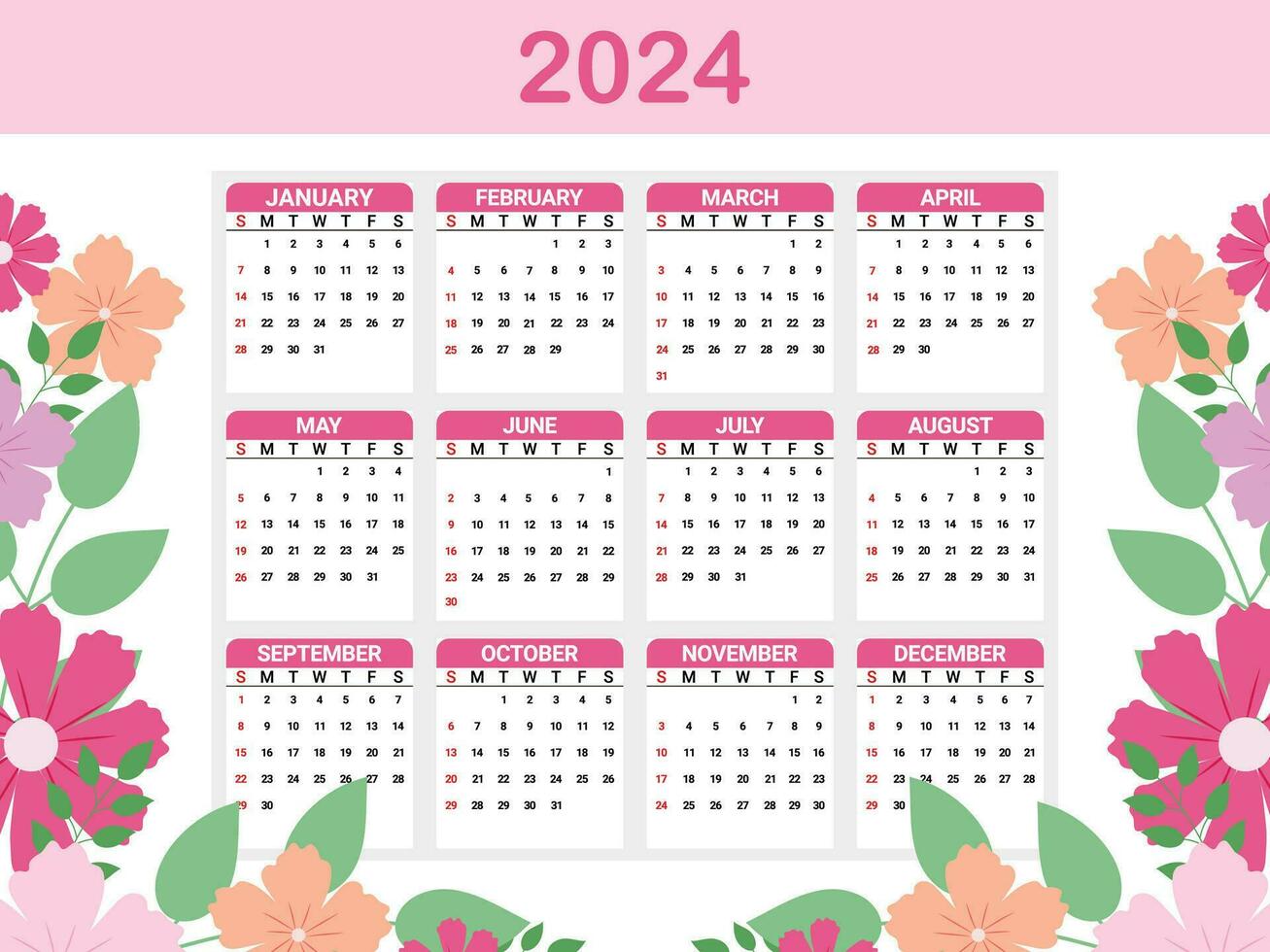 calendário 2024 em floral fundo vetor