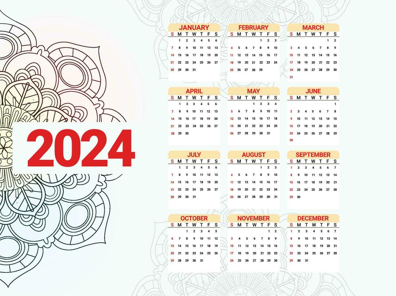 calendário 2024 com mandala vetor