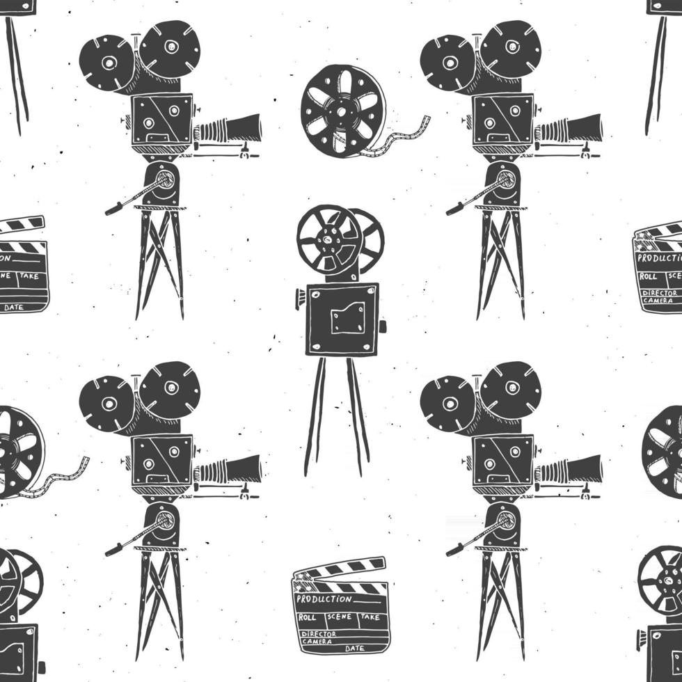 câmera, rolo de filme e claquete, padrão sem emenda vintage, esboço desenhado à mão, indústria cinematográfica retrô, ilustração vetorial vetor