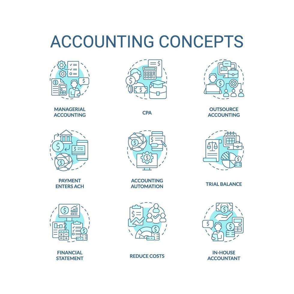 contabilidade turquesa conceito ícones definir. financeiro declaração. o negócio desempenho idéia fino linha cor ilustrações. isolado símbolos. editável acidente vascular encefálico vetor