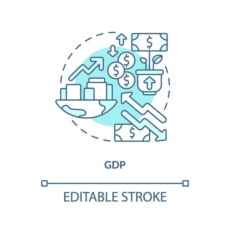 gdp turquesa conceito ícone. Bruto doméstico produtos impacto. econômico indicador abstrato idéia fino linha ilustração. isolado esboço desenho. editável acidente vascular encefálico vetor