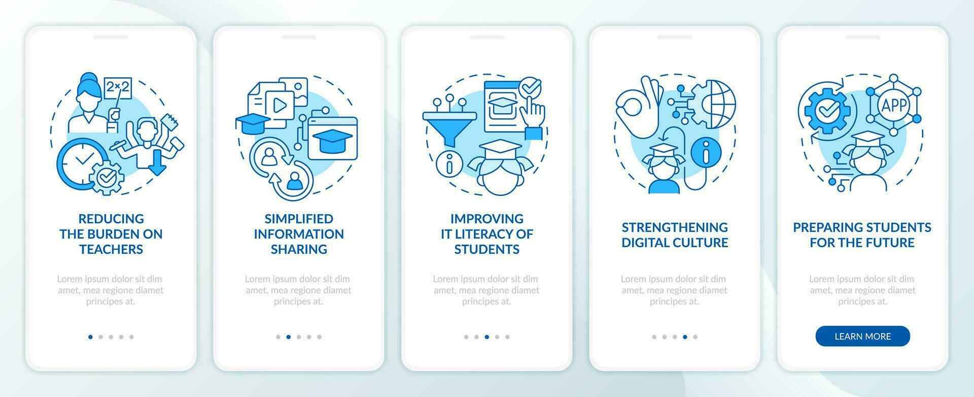 ict benefícios dentro Educação azul onboarding Móvel aplicativo tela. estudando passo a passo 5 passos editável gráfico instruções com linear conceitos. interface do usuário, ux, gui modelo vetor