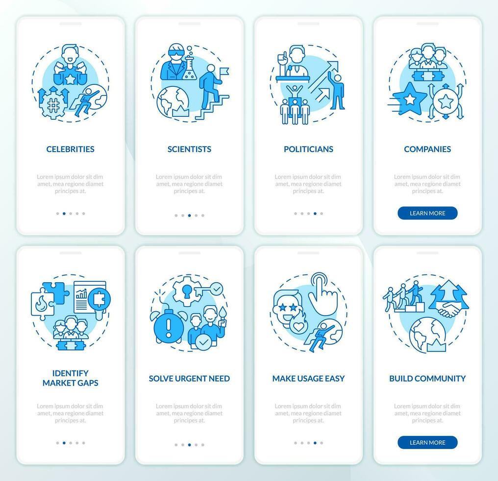 tendência setters azul onboarding Móvel aplicativo tela definir. marketing estratégia passo a passo 4 passos editável gráfico instruções com linear conceitos. interface do usuário, ux modelo vetor