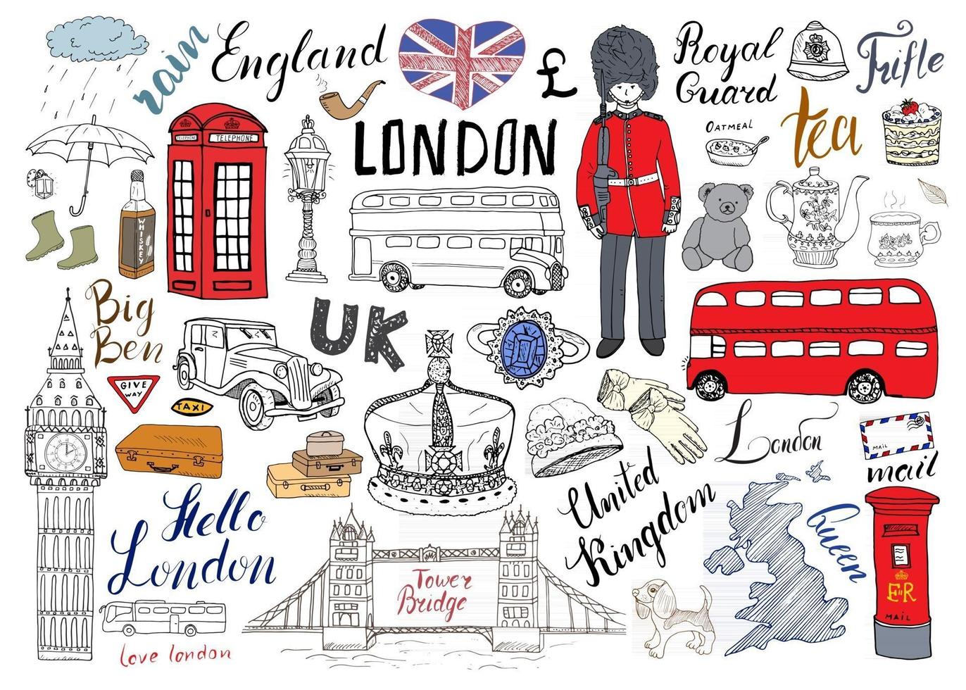 coleção de elementos doodles da cidade de Londres. conjunto desenhado à mão com ponte da torre, coroa, big ben, guarda real, ônibus e táxi vermelhos, mapa e bandeira do Reino Unido, bule de chá, letras, ilustração vetorial isolada vetor