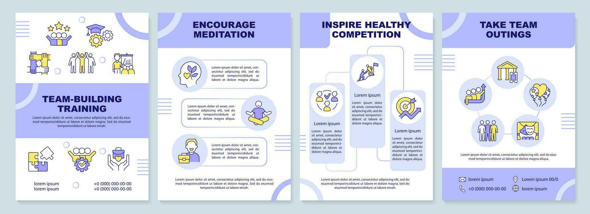 consolidação de equipe Treinamento roxa folheto modelo. cooperação. folheto Projeto com linear ícones. editável 4 vetor layouts para apresentação, anual relatórios