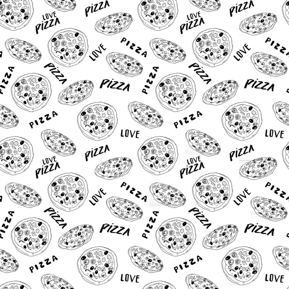esboço desenhado de mão de padrão sem emenda de pizza. pizza inteira e fatia doodles fundo de comida. ilustração vetorial vetor