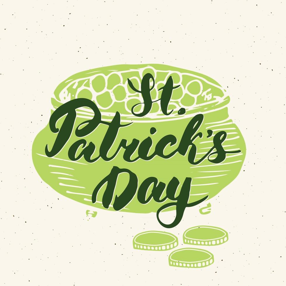 Feliz Dia de São Patrício letras de mão de cartão vintage na silhueta do copo de cerveja, ilustração em vetor design retro texturizado grunge feriado irlandês