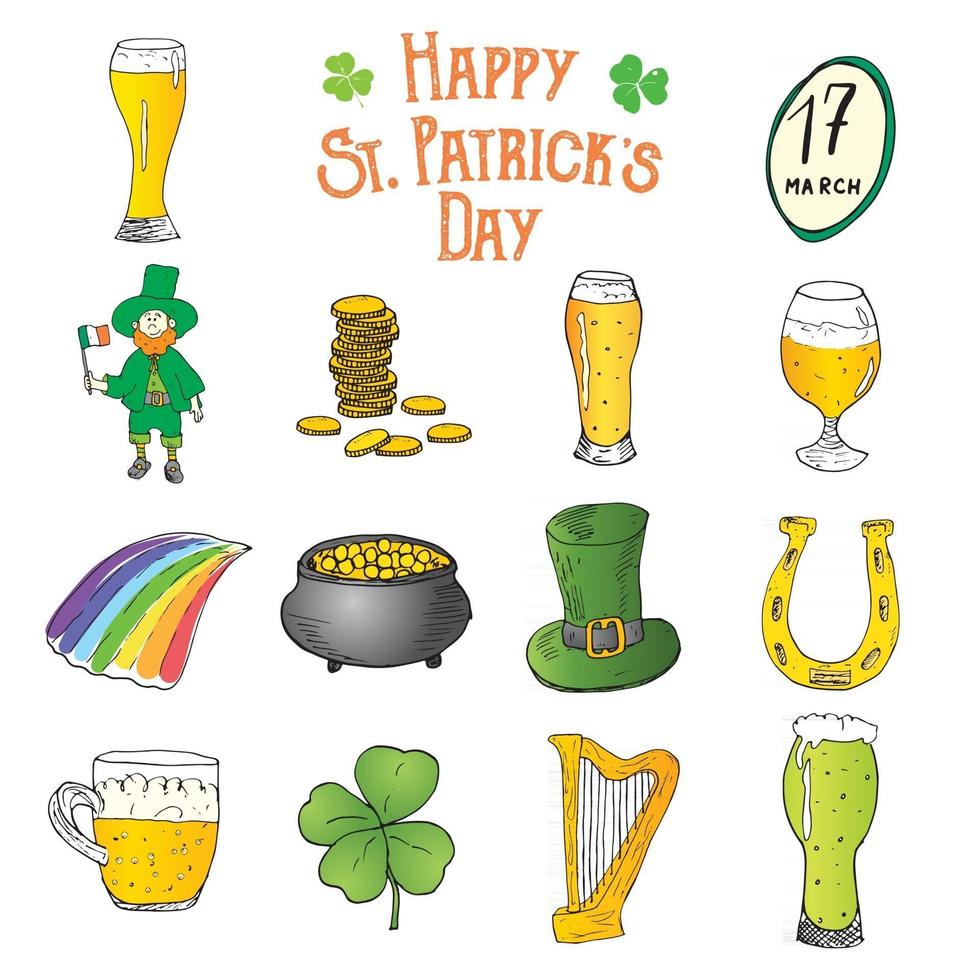 Conjunto de doodle desenhado à mão do dia de São Patrício, com duende, pote de moedas de ouro, arco-íris, cerveja, trevo de quatro folhas, ferradura, harpa celta e bandeira da Irlanda. vetor