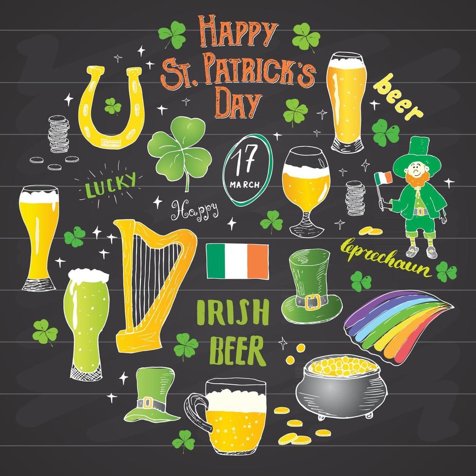 Conjunto de ícones de doodle desenhado de mão de St Patrick, com duende, pote de moedas de ouro, arco-íris, cerveja, trevo de quatro leef, ferradura, harpa celta e ilustração vetorial de bandeira da Irlanda. vetor