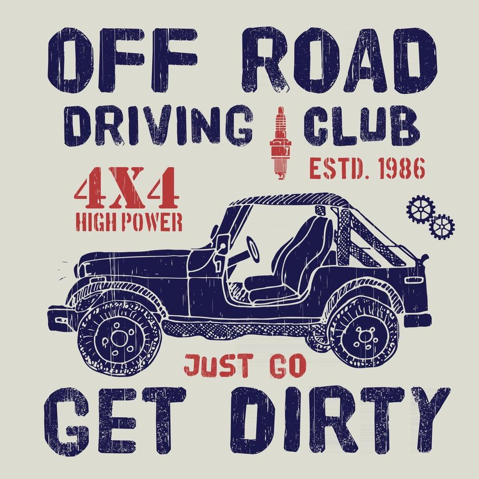 design de t-shirt, clube de condução offroad com gráficos de tipografia de carros suv, ilustração vetorial vetor