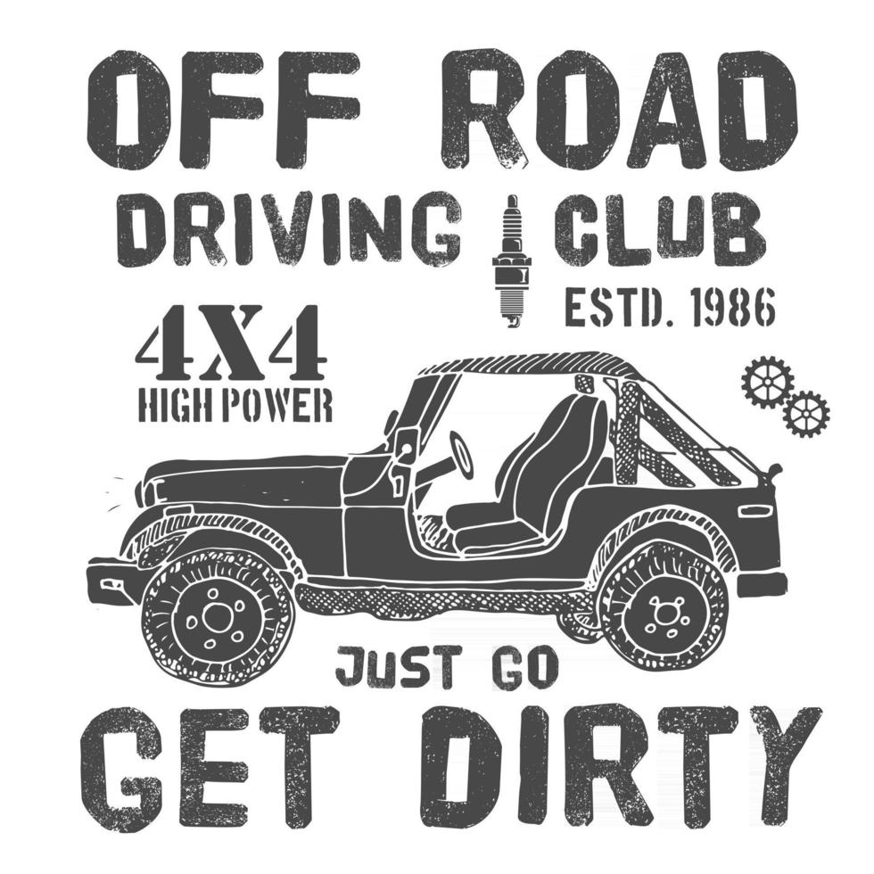 design de t-shirt, clube de condução offroad com gráficos de tipografia de carros suv, ilustração vetorial vetor