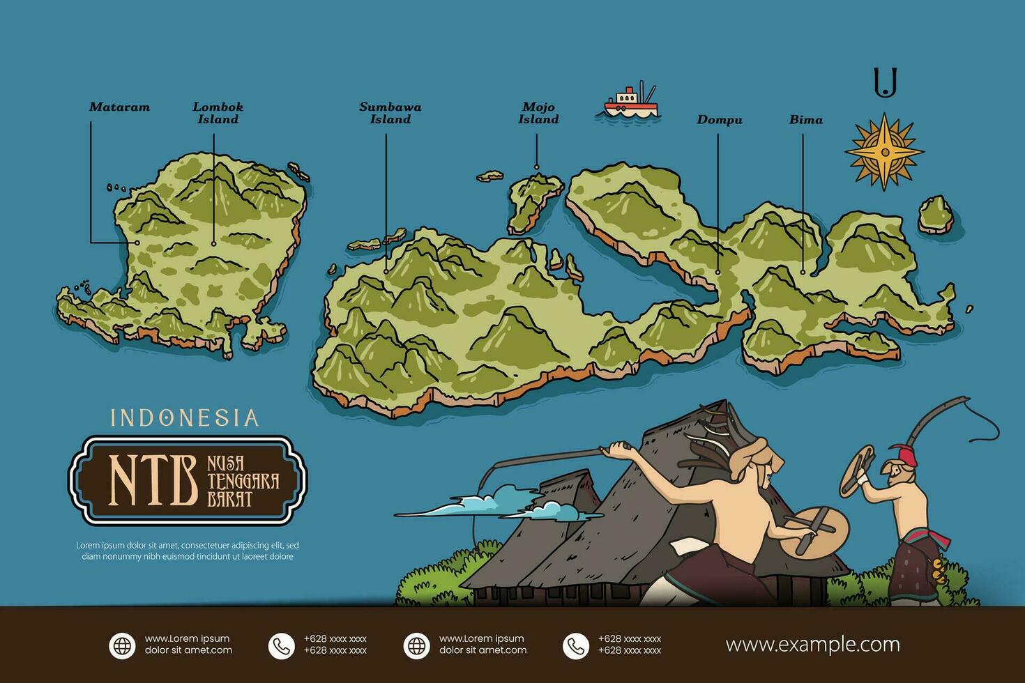 oeste Nusa Tenggara Indonésia mapas ilustração. Indonésia ilha Projeto disposição vetor