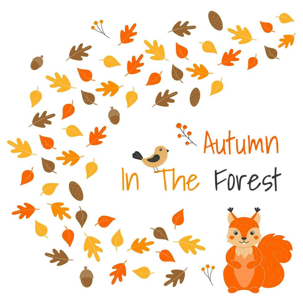 vetor ilustração com fofa esquilo, pássaro e folha outono dentro desenho animado estilo. floresta animais e plantas. outono dentro a floresta.
