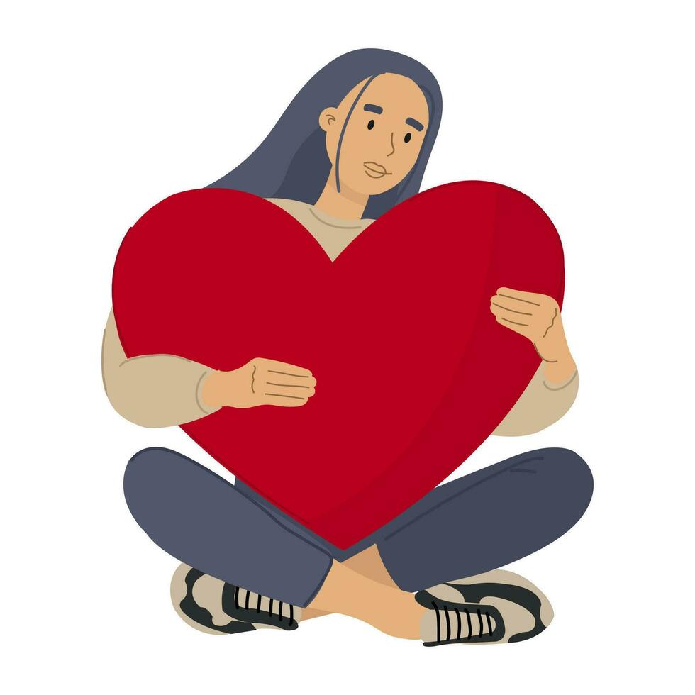 desenho animado estilo mulher abraçando uma grande vermelho coração. vetor