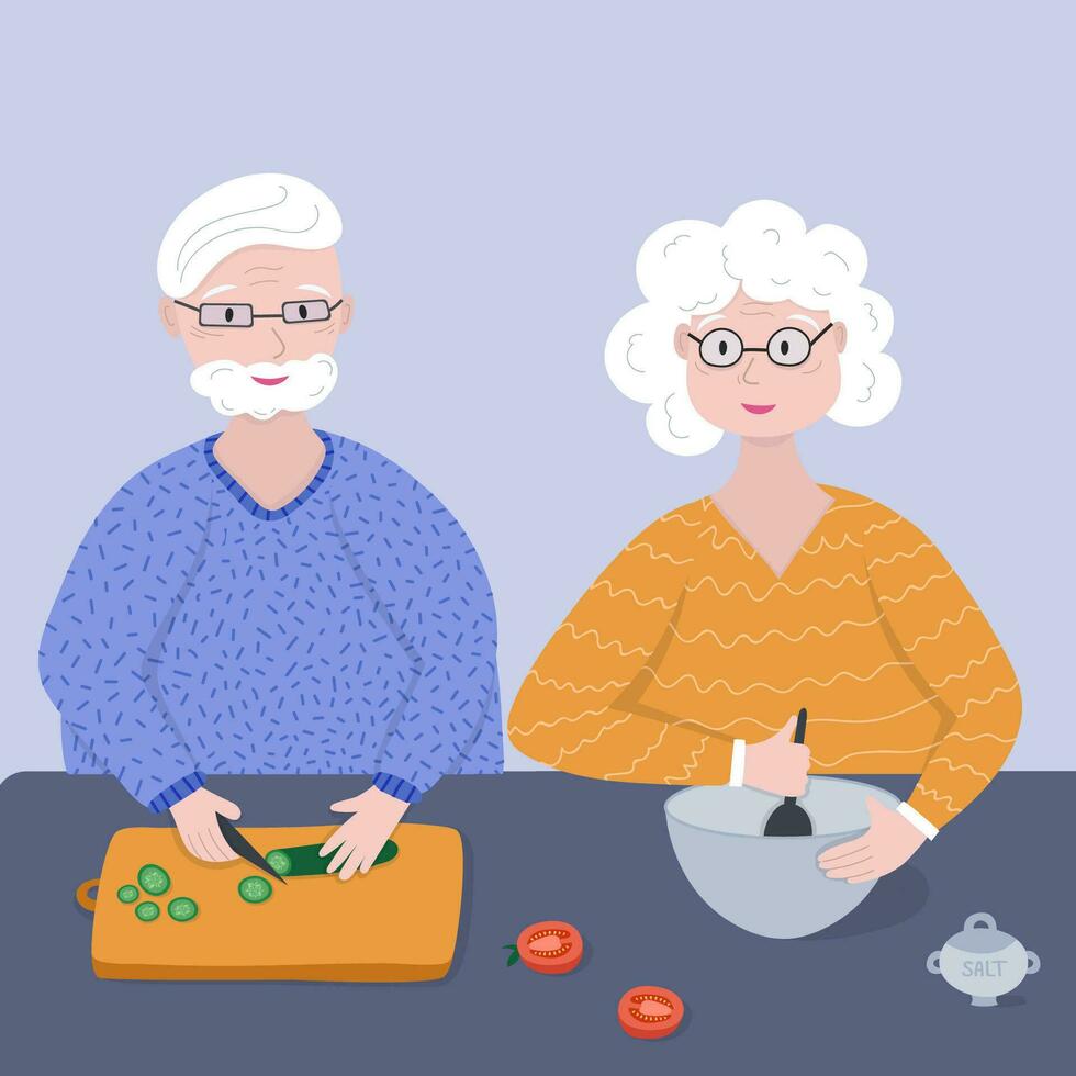 velho aposentado casal cozinhar juntos uma vegetal salada em a mesa vetor