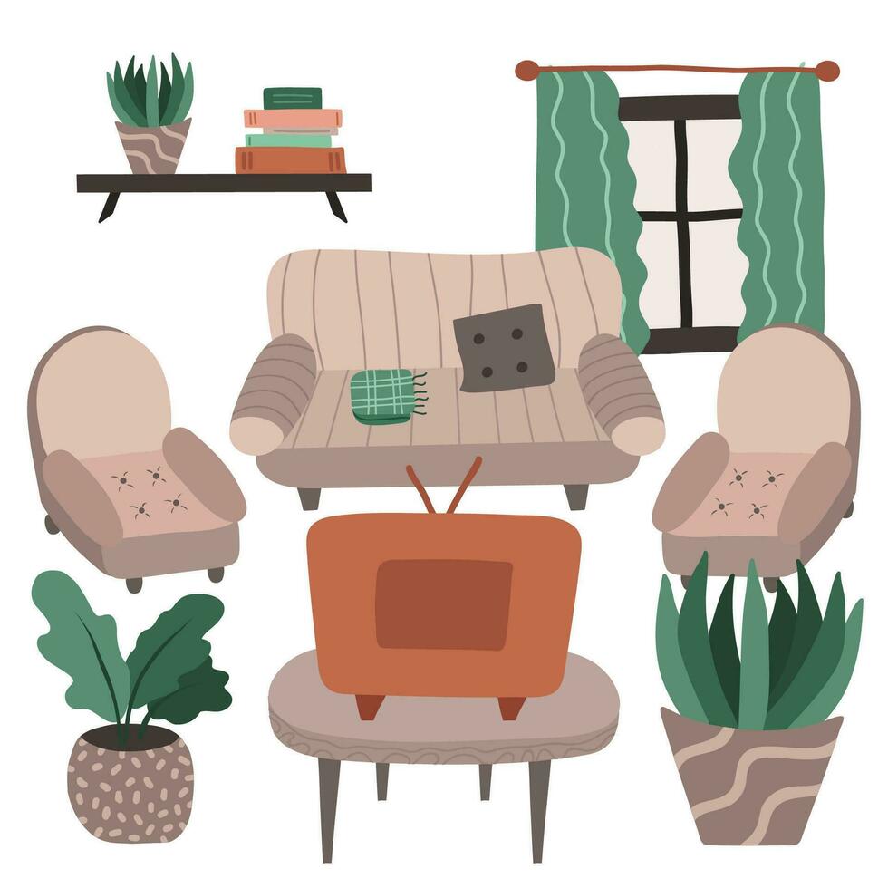 vivo quarto interior dentro boho estilo. salão com sofá, poltronas, estante, retro televisão, café mesa, plantas. desenho animado mão desenhado ilustração. retro casa dentro com mobiliário. acolhedor doméstico apartamento. vetor