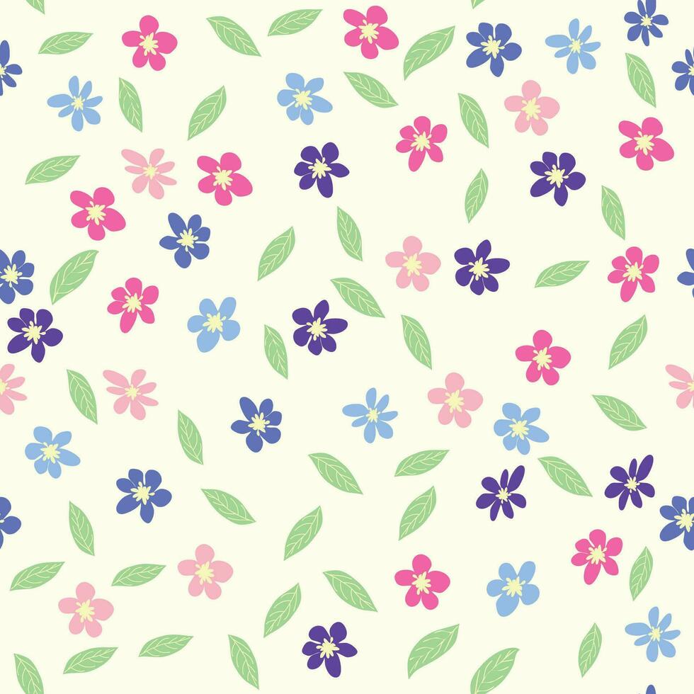 floral desatado padronizar com rosa, lavanda, azul, roxa camomila flor e folhas. infantil, feminino, □ Gentil vetor