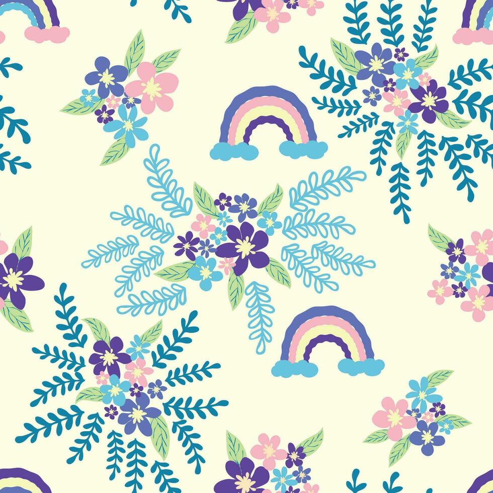 floral desatado padronizar com Ticiano, lavanda, azul, roxa camomila flor e folhas em pastel fundo vetor