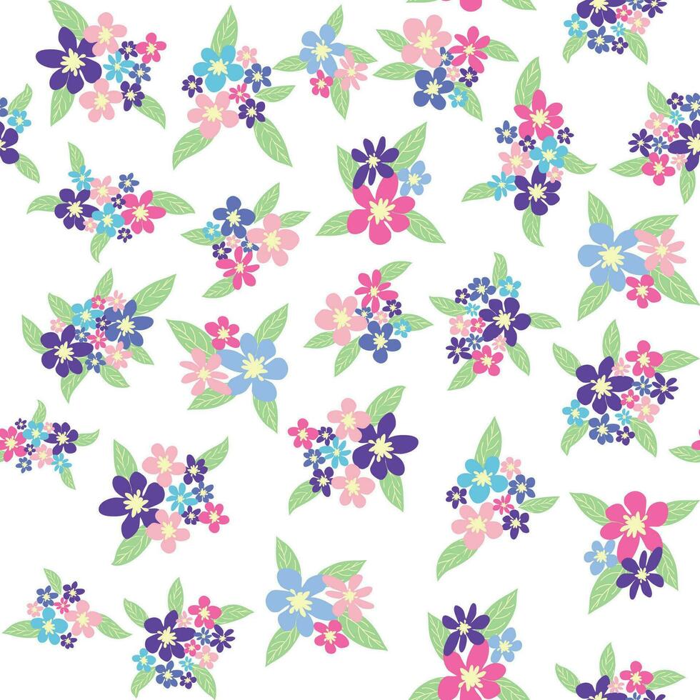 floral desatado padronizar com rosa, lavanda, azul, roxa camomila flor e folhas. infantil, feminino, □ Gentil vetor