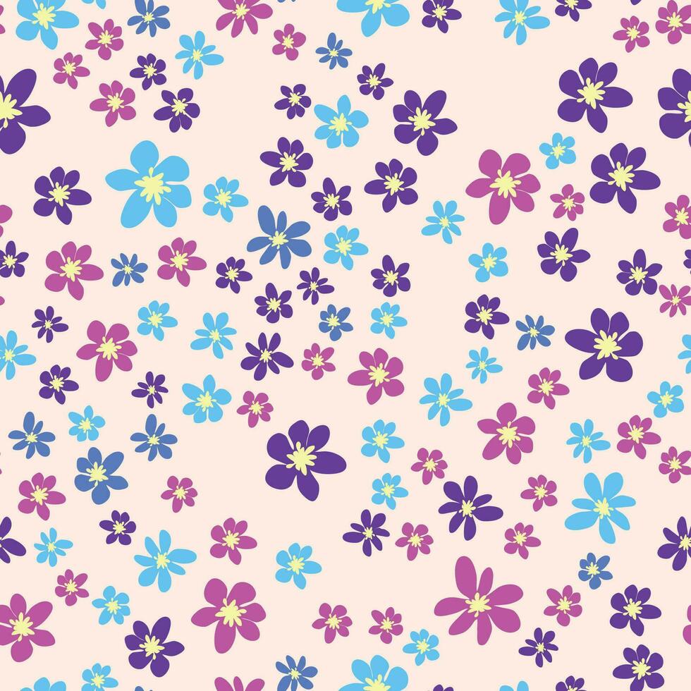floral desatado padronizar com rosa, lavanda, azul, roxa camomila flor e folhas. infantil, feminino, □ Gentil vetor