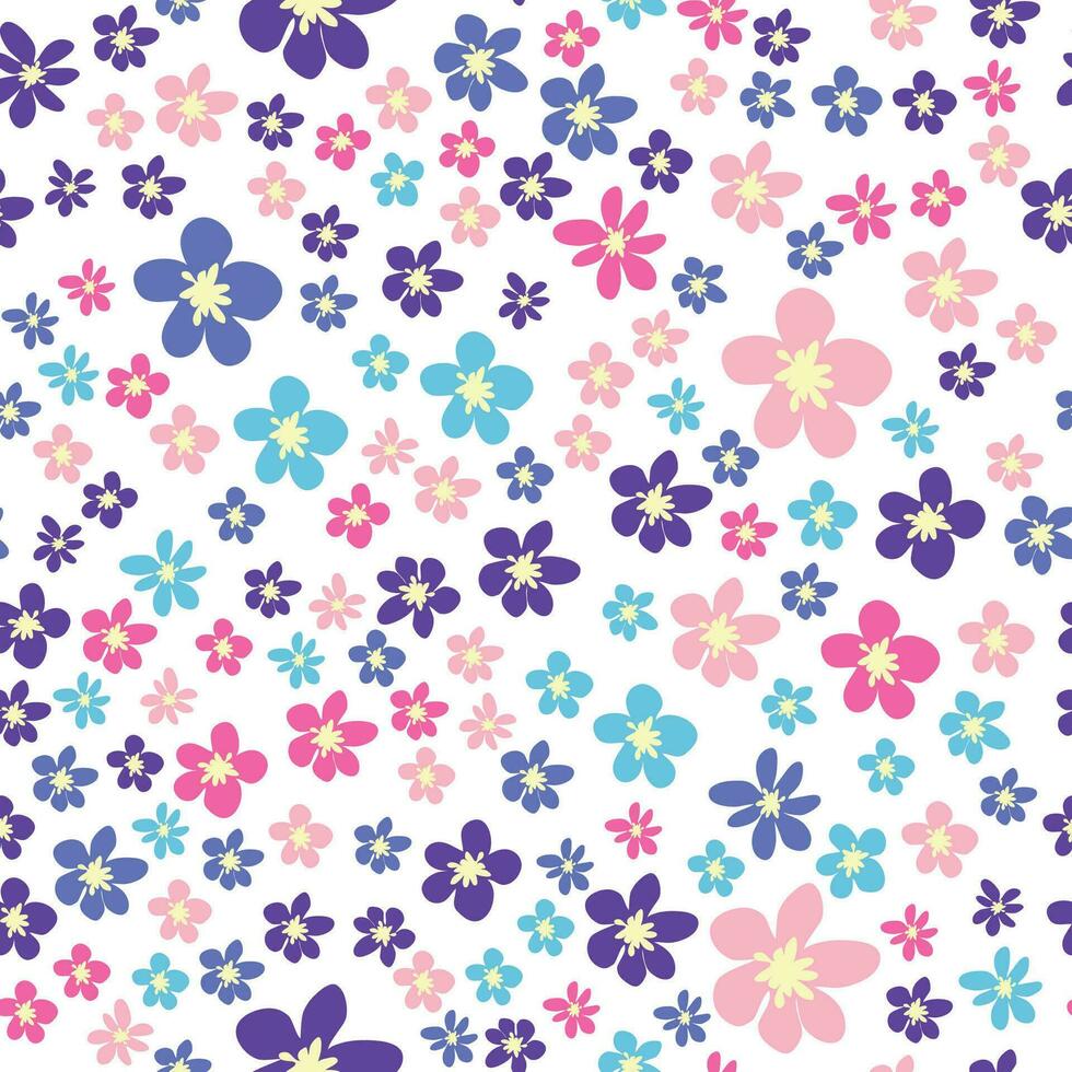 floral desatado padronizar com rosa, lavanda, azul, roxa camomila flor e folhas. infantil, feminino, □ Gentil vetor