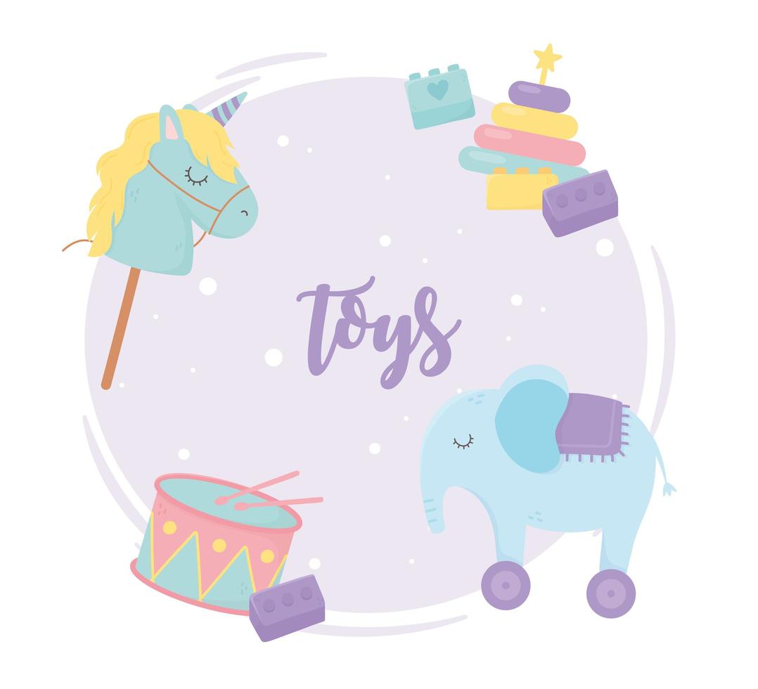 piramide cavalo stick blocos de tambor e elefante com rodas de desenhos animados para crianças brinquedos vetor