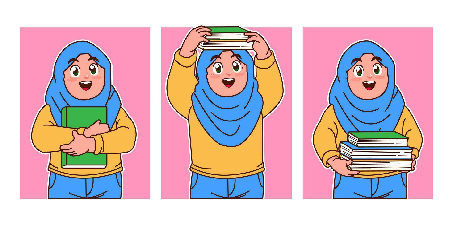 pequeno hijab meninas carregando uma livro e vestindo uma mochila vetor