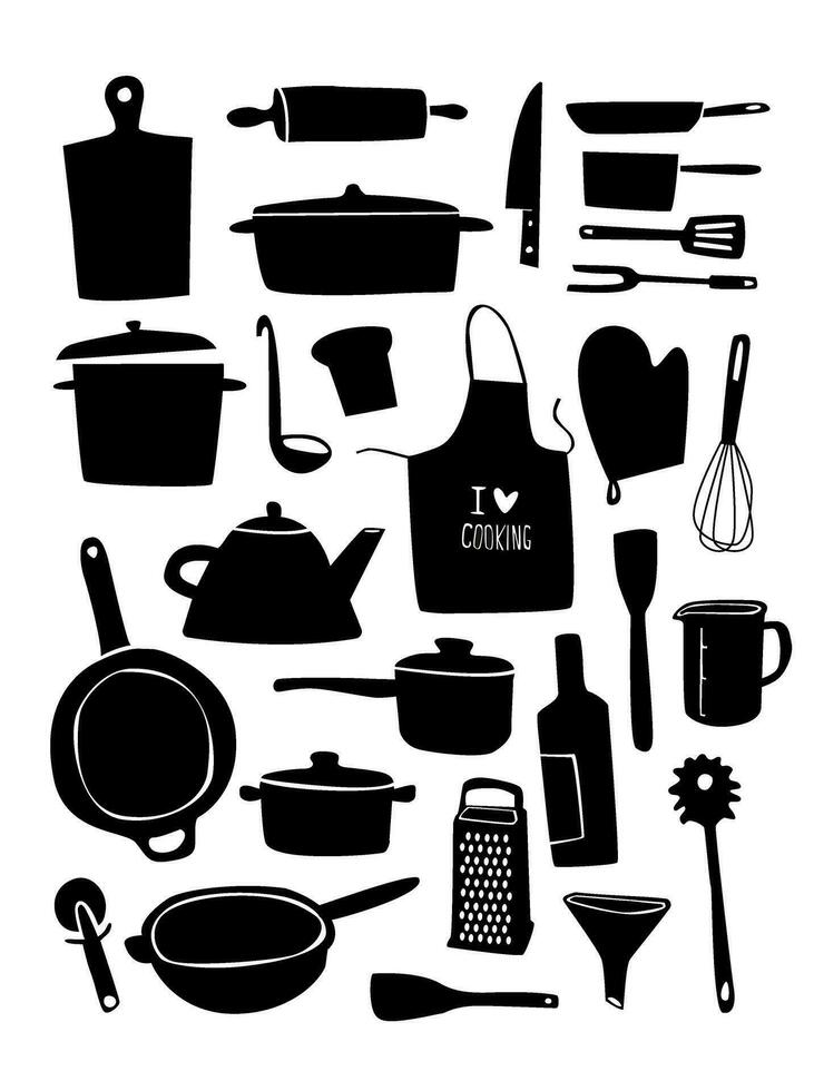 cozinha ferramenta conjunto dentro silhueta. cozinhando utensílio esboço estilo. cozimento equipamento coleção. utensílios de cozinha vetor